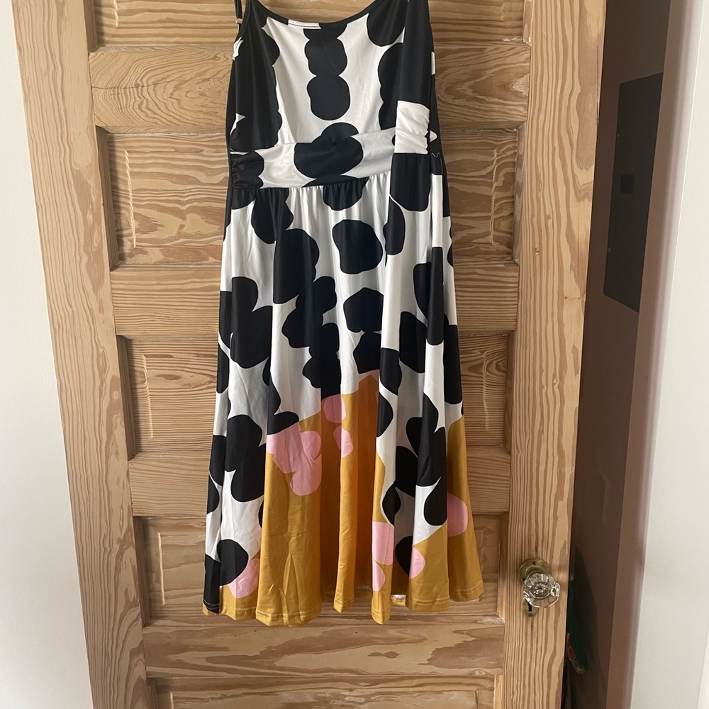 Black & White Floral Midi Dress with Pink and Mustard Accents